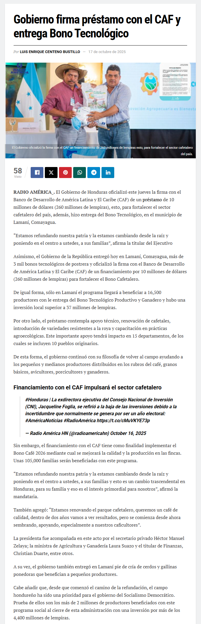 GOBIERNO FIRMA PRÉSTAMO CON EL CAF Y ENTREGA BONO TECNOLÓGICO